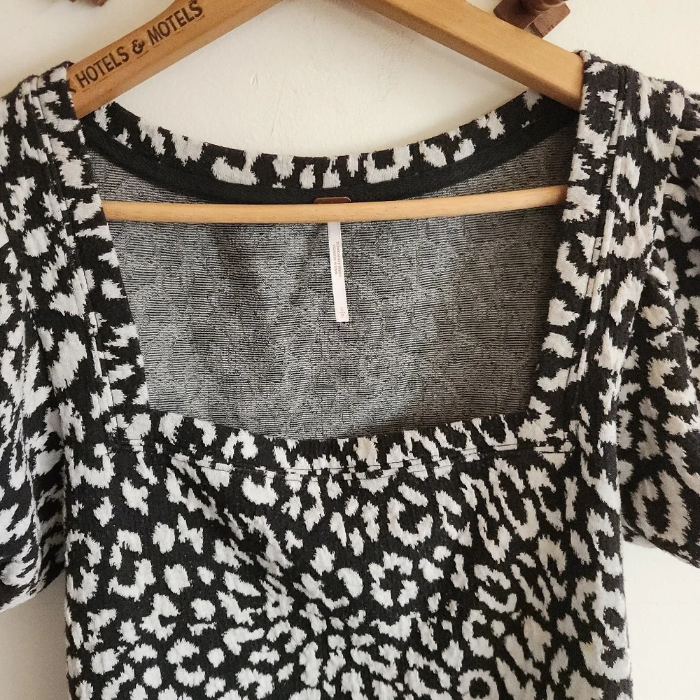 Free People Black White Animal Print Puff Sleeve Top Square Neck Small